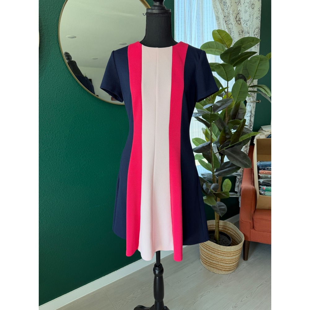 Vince Camuto Colorblock Fit Flare Pocket Dress Size 8 Blue Pink Preppy‎ Textured